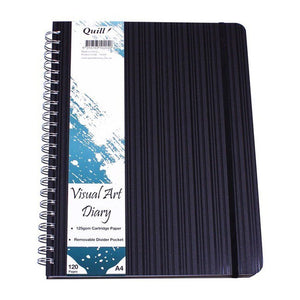Quill Premium Visual Art Diary A4 with a black striped cover, spiral binding on the left, a black elastic band and a teal and white label reading Removable Divider Pocket and A4