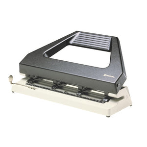 Rexel V430 adjustable four hole punch with a black textured lever handle, four black cutting heads on a grey base and a measuring scale along the paper guide