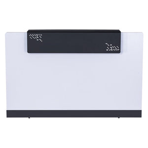 Rapidline RC1809 reception counter viewed straight on from the visitor side, a natural white front with a perforated black cowl at the top and a black kick plate.