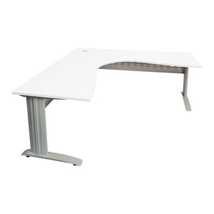 Rapidline Rapid Span corner workstation with a Natural White top on Precious Silver span legs and a perforated metal modesty panel, angled view of the full L shaped top.
