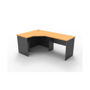 Rapid Worker corner workstation render showing a beech worktop with a cable entry hole on an ironstone panel base with modesty panels.