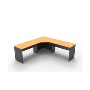 Rapid Worker corner workstation render showing a beech worktop with a cable entry hole on an ironstone panel base with modesty panels.