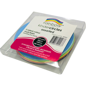 Rainbow kinder circles 120mm pack of 100, assorted matt paper circles in a clear plastic pack with a Rainbow label