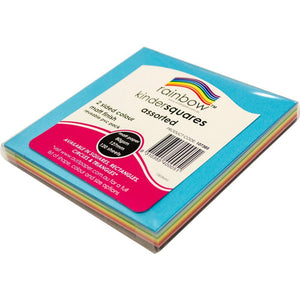 Rainbow kinder squares 127mm pack of 120, assorted matt paper squares fanned at the edge under a white and pink Rainbow label