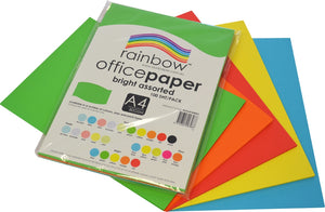 Clear poly wrapped pack of Rainbow Office Paper sitting on a fan of five A4 sheets in green, orange, red, yellow and blue, the label reading bright assorted, 100 sheets per pack, A4, 80gsm.
