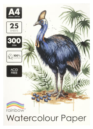 Front cover of the Rainbow Watercolour Pad A4 300gsm showing a blue and brown cassowary painted in watercolour among green palm fronds, with black badges down the left edge reading A4 210mm x 297mm, 25 sheets, 300 gsm, 100% cotton and acid free, and the rainbow wordmark below.