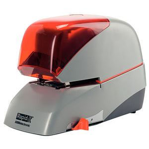 Rapid 5080E electric stapler in silver with an orange tinted cover and an orange slider on the base, shown from the front