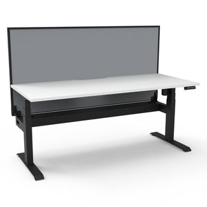 Rapidline Boost Light single sided electric sit-stand desk with a natural white top on a black frame, a grey fabric screen across the back and a cable tray running under the top, with the controller at the front right edge