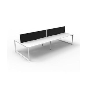Rapidline Deluxe Infinity 4 person back to back loop leg workstation in Natural White and White Satin with black fabric screens, angled view along the length of the pod from one end