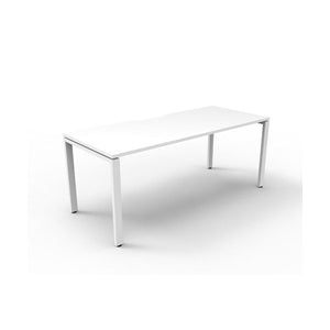 Rapidline Deluxe Infinity single sided desk with Natural White top and White Satin profile legs, no screen, angled view on a white background