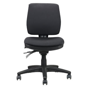 Front view of the Rapidline Ergo Midi medium back chair in black fabric on a black five star spider base.
