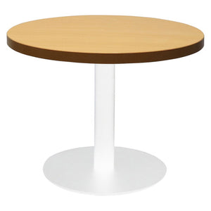 Rapidline Estilo round coffee table with Beech top on a white powdercoat flat disc base, photographed on a white background