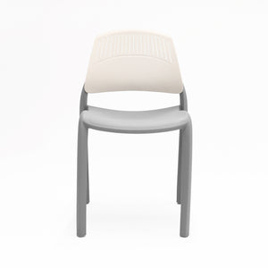 Rapidline Flexi high back stacking chair with a grey seat and legs and a white slotted backrest, front three quarter view on a plain background.