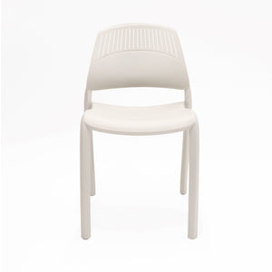 Rapidline Flexi high back stacking chair with a white seat and legs and a white slotted backrest, front three quarter view on a plain background.