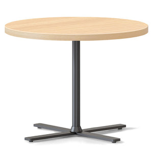 Rapidline Kolo side and coffee table with a round Natural Oak top on a black four leaf cross base, angled view