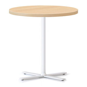 Rapidline Kolo side and coffee table with a round Natural Oak top on a white four leaf cross base, angled view