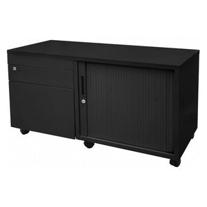 Rapidline Go mobile caddy in Black Satin front view, with the tambour door on the right, pedestal drawers on the left and castors.
