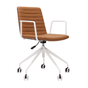 Rapidline Pixel 5 Star meeting chair with arms in amber PU on a white powdercoated five star swivel base with a gas strut and two loop arm rests, product photograph on a plain background showing the ribbed horizontal stitching across the seat and back.