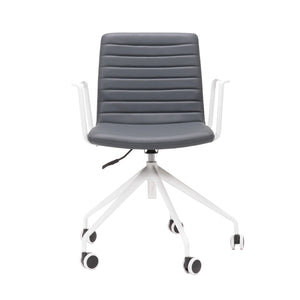 Rapidline Pixel 5 Star meeting chair with arms in French Navy PU on a white powdercoated five star swivel base with a gas strut and two loop arm rests, product photograph on a plain background showing the ribbed horizontal stitching across the seat and back.