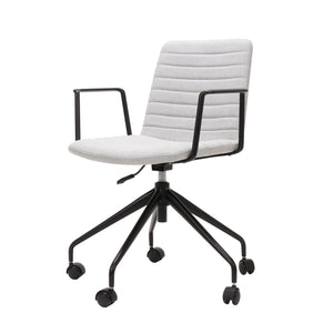 Rapidline Pixel 5 Star meeting chair with arms in light grey commercial fabric on a black powdercoated five star swivel base with a gas strut and two loop arm rests, product photograph on a plain background showing the ribbed horizontal stitching across the seat and back.