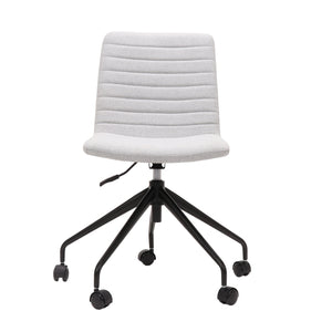 Rapidline Pixel 5 Star breakout and meeting chair in light grey commercial fabric on a black powdercoated five star swivel base with a gas strut, product photograph on a plain background showing the ribbed horizontal stitching across the seat and back.