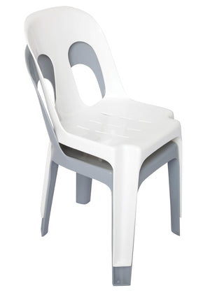 Two Rapidline Pippee chairs in white stacked together, showing how the one piece moulded chairs nest.