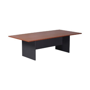Rapidline Rapid Worker boardroom table in Cherry / Ironstone, a cherry top rectangular boardroom table on a dark ironstone panel end base, shown at an angle