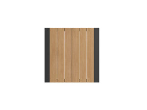 Rapidline Ridge outdoor square table with European Oak finish polywood slat top and black powdercoated aluminium legs, shown from a front three quarter angle on a plain background.