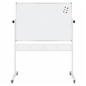 Front product view of the Rapidline Standard Mobile Magnetic Whiteboard 1200 x 900mm on a clean white background. The image shows the aluminium framed magnetic board, side pivot controls, mobile support frame, perforated lower panel and castor equipped feet, providing a clear view of the complete freestanding whiteboard configuration.
