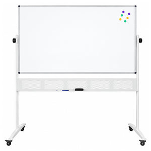 Front product view of the Rapidline Standard Mobile Magnetic Whiteboard 1500 x 900mm against a clean white background. The complete unit shows its wide aluminium framed magnetic writing surface, side pivot controls, integrated pen tray, perforated support panel, white upright frame and castor equipped feet for convenient movement between work areas.