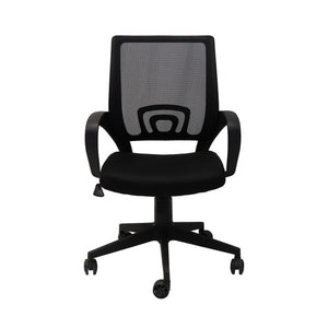 Front view of the Rapidline Vesta mesh back chair in black with fixed loop arms and black 5 star spider base.