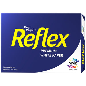 Reflex Premium White A4 80gsm ream in the navy wrapper with the large yellow Reflex logo, Always Rely On tagline, Vivid badge and A4 80gsm 500 sheets on the front panel.