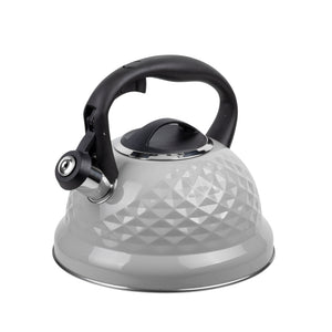 Resto Almaaz grey whistling kettle, three-quarter front view on a white background showing the faceted stainless steel body and black handle