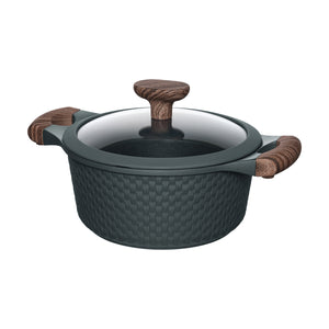 Resto Ran 20cm casserole in black with its glass lid on, three-quarter view showing the woven-pattern exterior, the wood-grain-effect side handles and the lid knob
