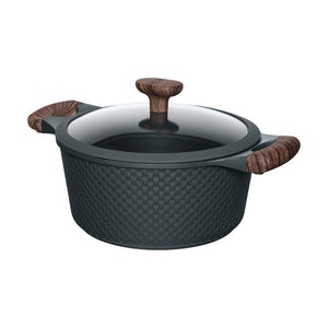 Resto Ran 24cm casserole in black with its glass lid on, three-quarter view showing the woven-pattern exterior, the wood-grain-effect side handles and the lid knob