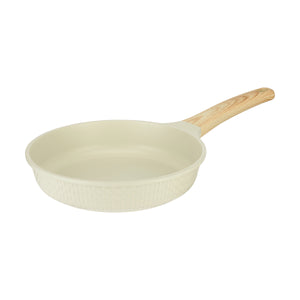 Resto Ran 24cm frypan in beige, three-quarter view showing the non-stick interior, the woven-pattern exterior and the wood-grain-effect handle