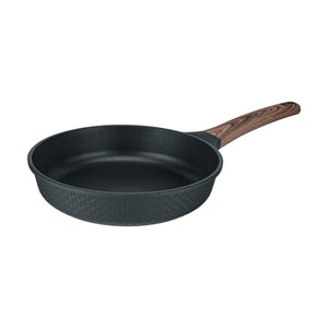 Resto Ran 26cm frypan in black, three-quarter view showing the non-stick interior, the woven-pattern exterior and the wood-grain-effect handle