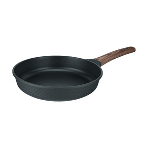 Resto Ran 28cm frypan in black, three-quarter view showing the non-stick interior, the woven-pattern exterior and the wood-grain-effect handle