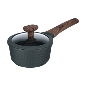 Resto Ran 16cm saucepan in black with its glass lid on, three-quarter view showing the woven-pattern exterior, the wood-grain-effect handle and the lid knob