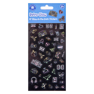 Retail packaging of the Learning Can Be Fun Retro Glow Glow Sticker Set featuring product branding, age suitability information and a preview of the nostalgic glow in the dark sticker assortment.