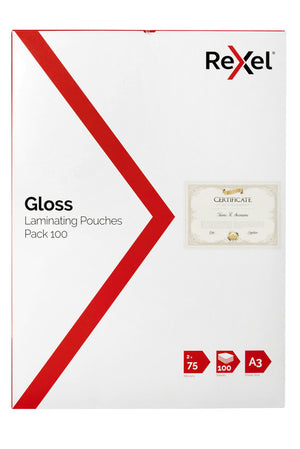 Rexel A3 Laminating Pouches 2x75 Micron Gloss Pack of 100