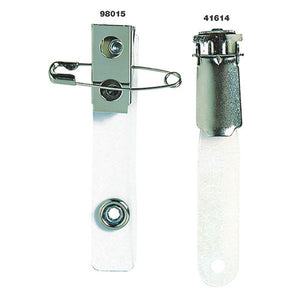 Two Rexel badge fittings photographed on white and captioned 98015 and 41614, a metal strap clip with a swing out safety pin on a clear strap beside a round clip on a clear strap.