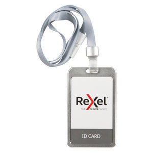 Rexel silver aluminium portrait card holder with rounded corners, holding a Rexel sample ID card, on a grey silver flat lanyard with a clear connector