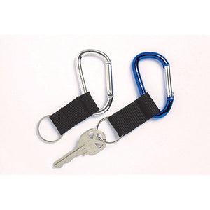 Two Rexel carabiner key rings on a pale background, one silver and one blue, each with a black fabric strap and a silver split ring, with a single key on the silver one.