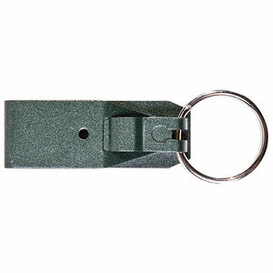 Rexel belt style key holder photographed flat on white, a dark grey green textured metal plate with a small round hole, a hinged separating tab in the middle and a polished silver split ring at one end.