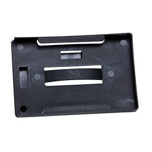 Black Rexel multi card holder in landscape, a rigid frame with a slot on the top edge and an attachment slot on the side, seen from the back