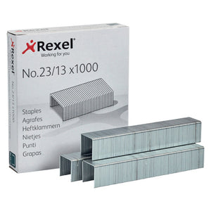 Rexel No. 23/13 heavy-duty steel staples box of 1000 on white background