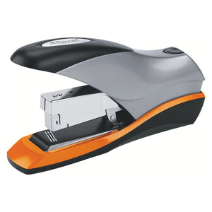 Rexel Optima 70 low force heavy duty stapler in silver and black with an orange base, shown at a three quarter angle with the Rexel logo on the top arm and the chrome staple magazine beneath