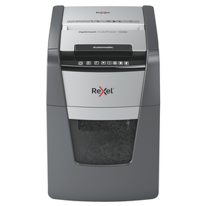 Rexel Optimum AutoFeed+ 100M shredder, front view with the Automatic lid handle