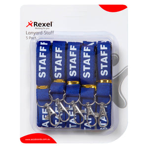 Retail blister pack holding five blue Rexel lanyards printed STAFF in white capitals, with silver trigger hooks and gold coloured sliders, under a header card reading Rexel Working for you, Lanyard-Staff, 5 Pack.